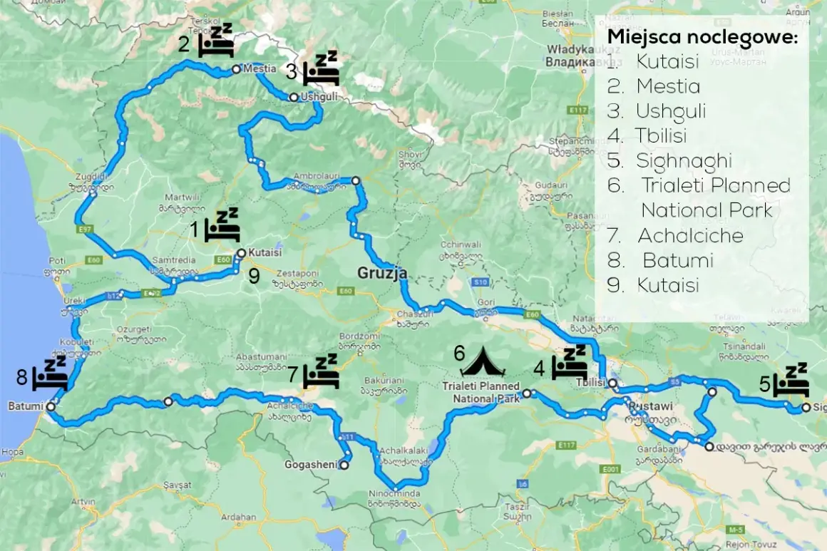 Trasa podróży po Gruzji samochodem: od Kutaisi przez Mestie, Ushguli, Tbilisi, Batumi i z powrotem do Kutaisi.