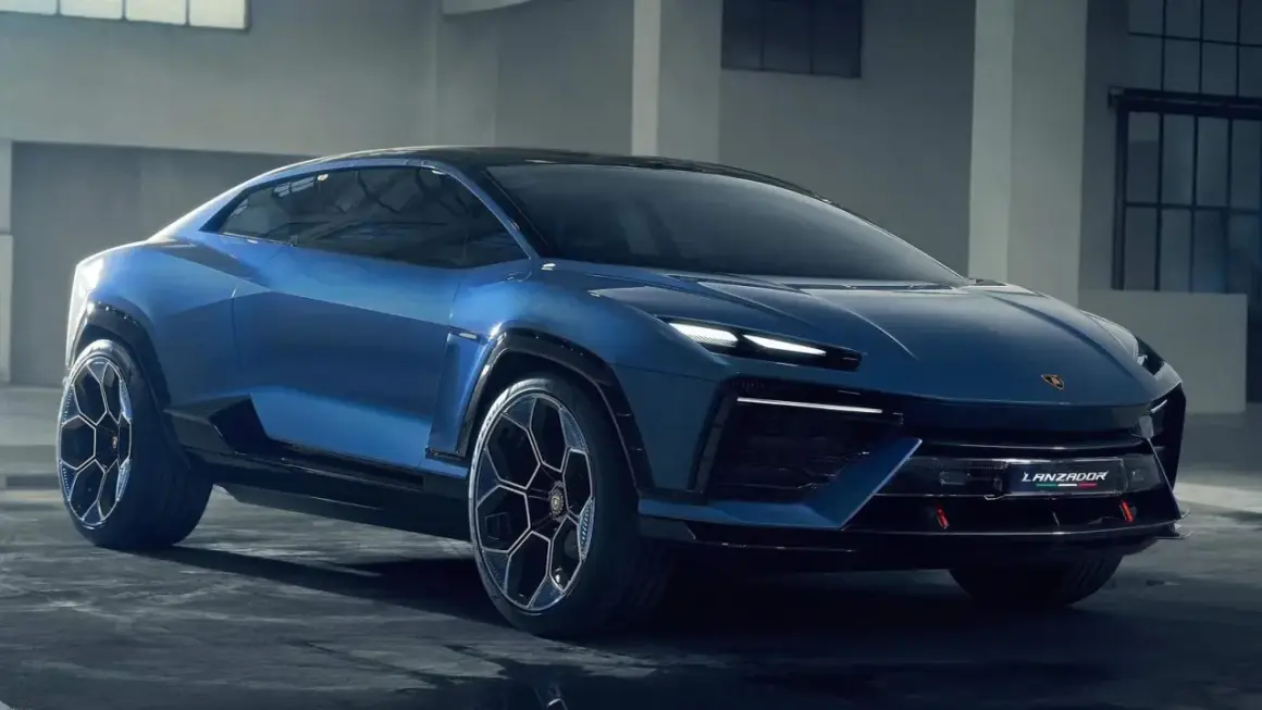 Niebieski Lamborghini Lanzador, futurystyczny SUV z ostrymi liniami i agresywnym designem, gotowy na podbój dróg.