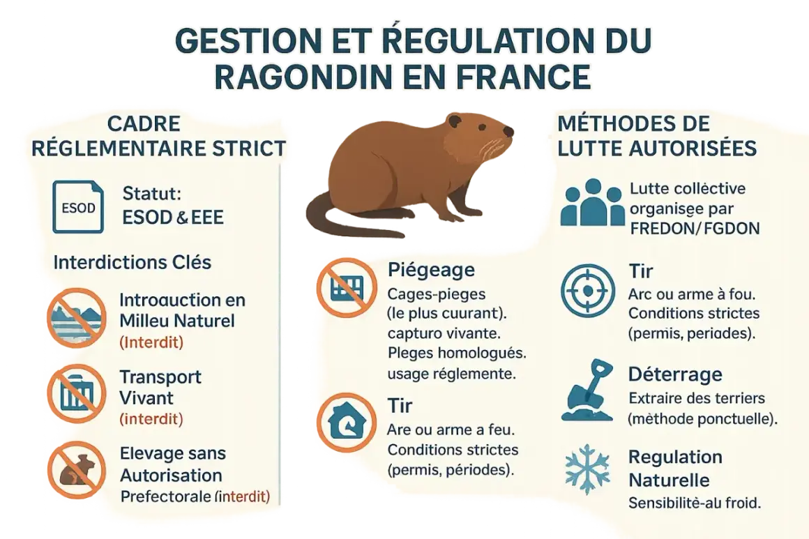 Illustration sur la gestion du ragondin, un animal considéré comme dangereux, avec les interdictions et méthodes de lutte autorisées.