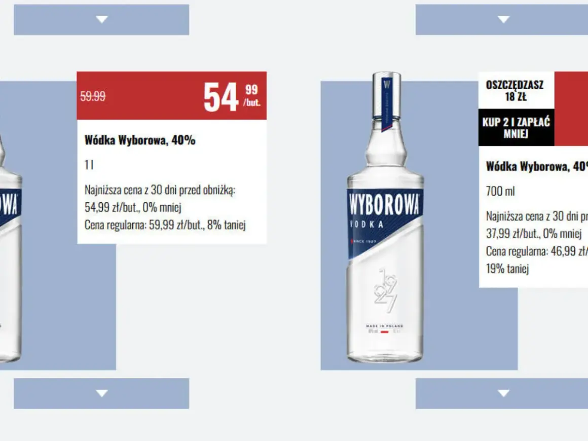 Wódka Wyborowa 0.7 cena promocyjna 37,99 zł/but. Oszczędzasz 18 zł.