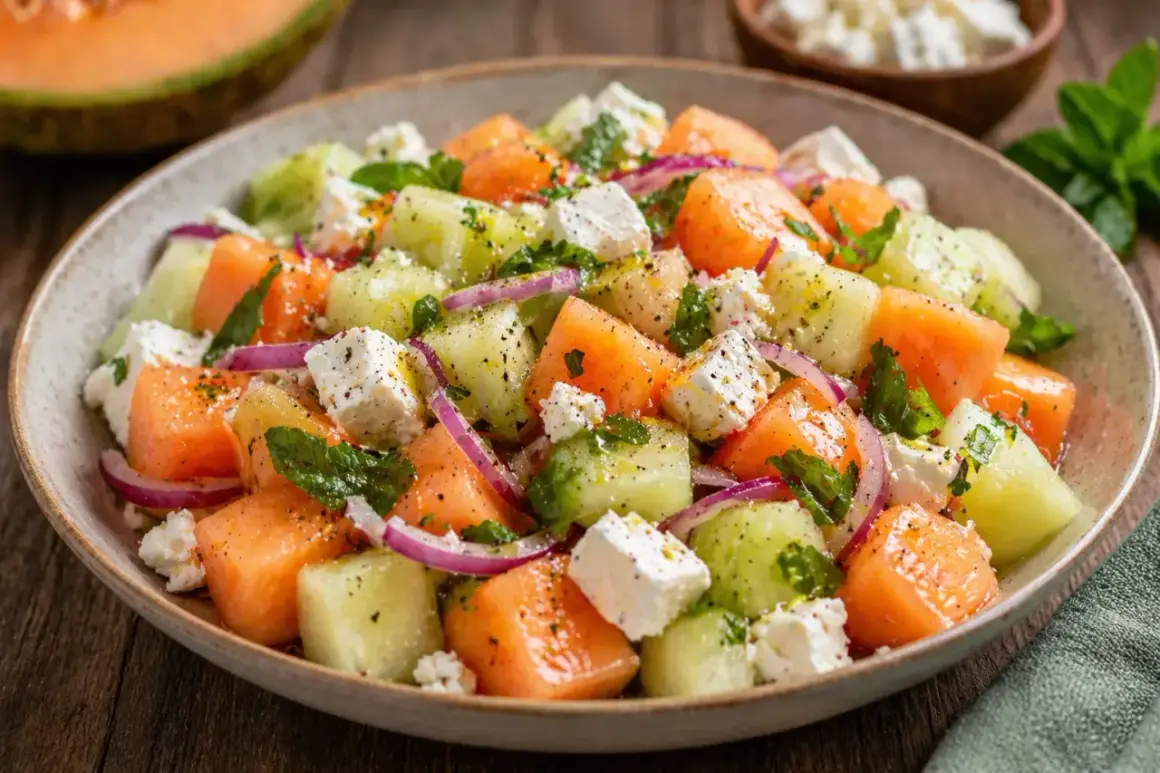 En uppfriskande melon och fetaostsallad med gurka, rödlök och mynta. Perfekt sommarbuffé.