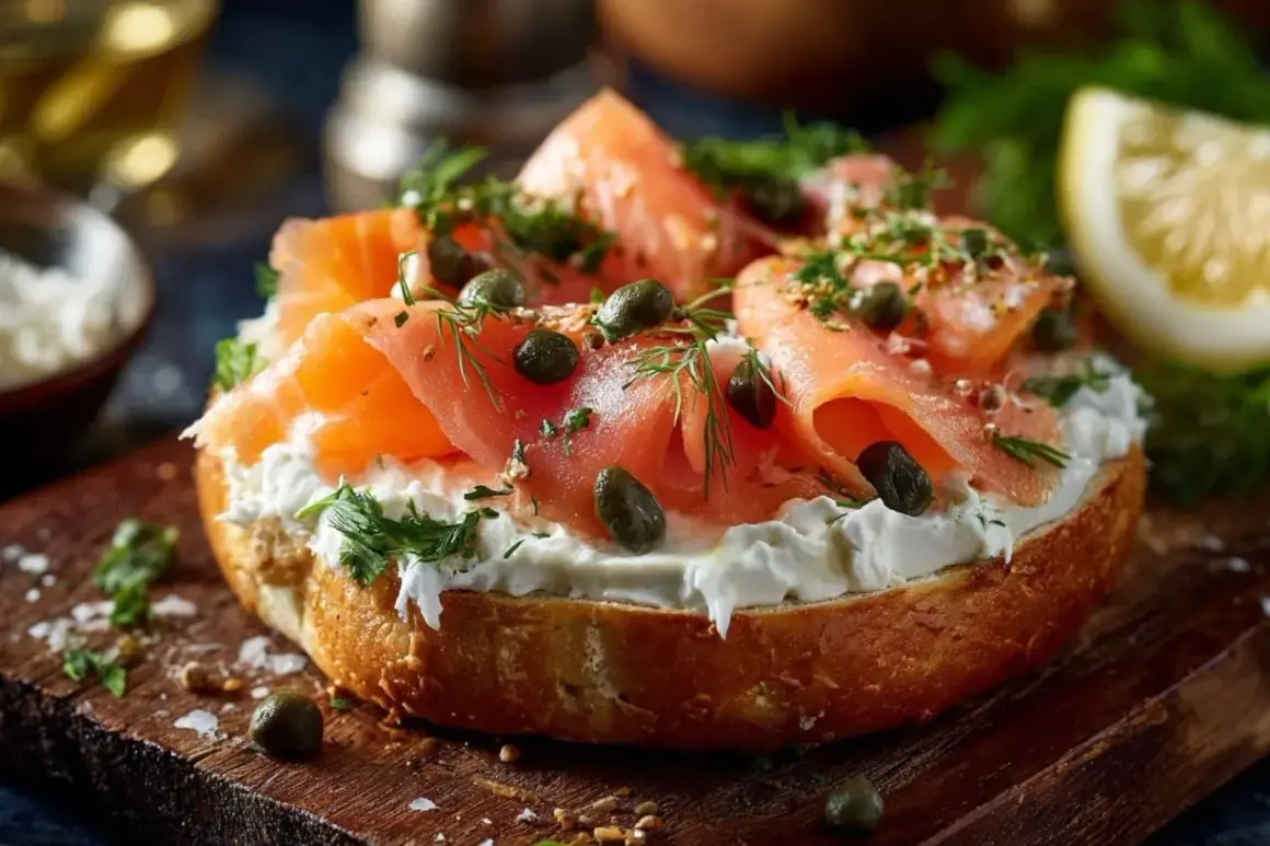 Un bagel garni de fromage frais, de saumon fumé, de câpres et d'aneth. Une délicieuse sauce bagel saumon.