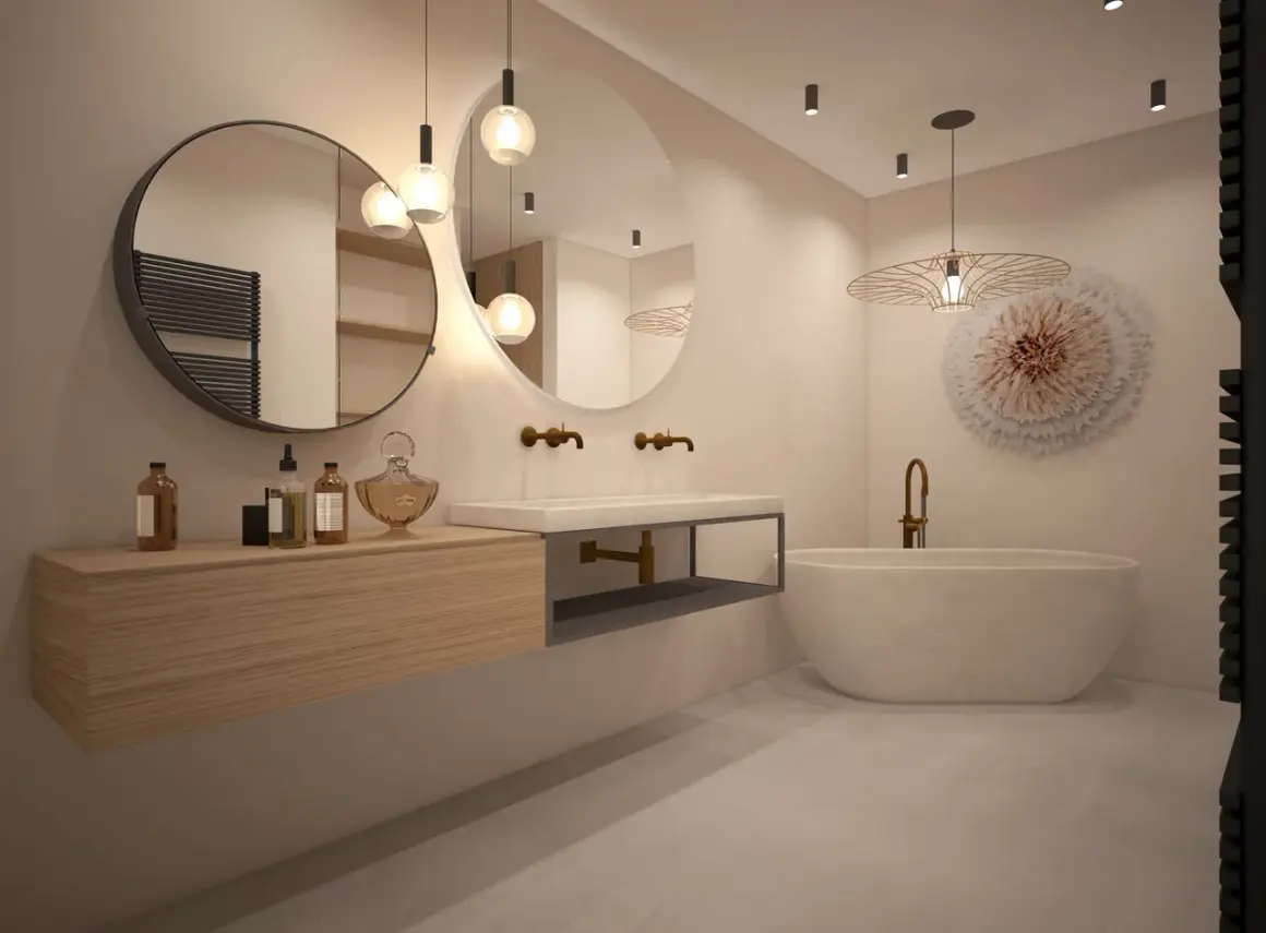 Salle de bain moderne avec baignoire îlot, double vasque et déco murale. Idéal pour estimer la durée des travaux salle de bain.