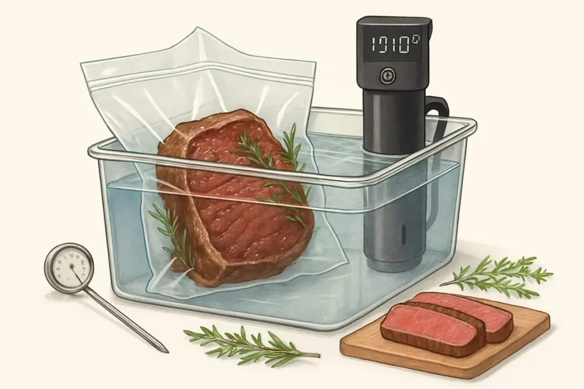 En saftig ryggbiff i ugn, tillagad med sous vide-metoden. En termometer och en stavmixer visar precisionen i tillagningen.