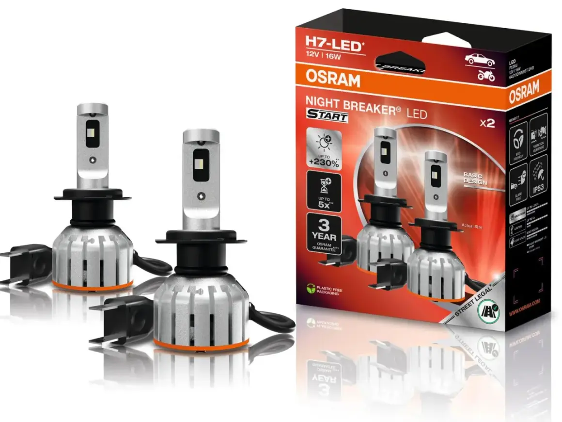 Dwie żarówki led h7 z homologacją OSRAM Night Breaker LED START, opakowanie i akcesoria.