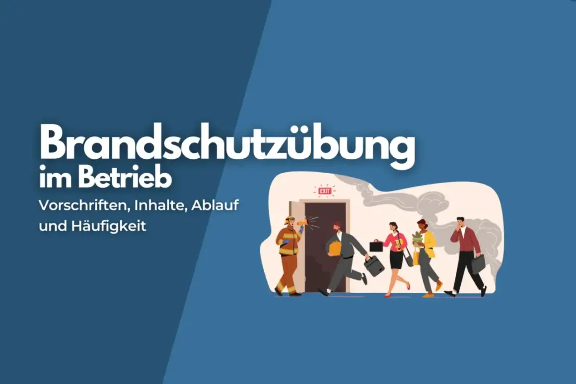 Brandschutzübung im Betrieb: Ein Feuerwehrmann weist Menschen mit Megafon den Weg durch eine rauchige Tür. Wichtige Infos für die Checkliste Sicherheitsbeauftragter.