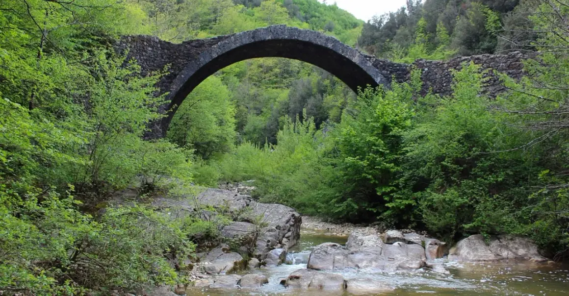 Antico ponte della Pia in pietra, con un arco maestoso, sovrasta un ruscello tra la rigogliosa vegetazione primaverile.