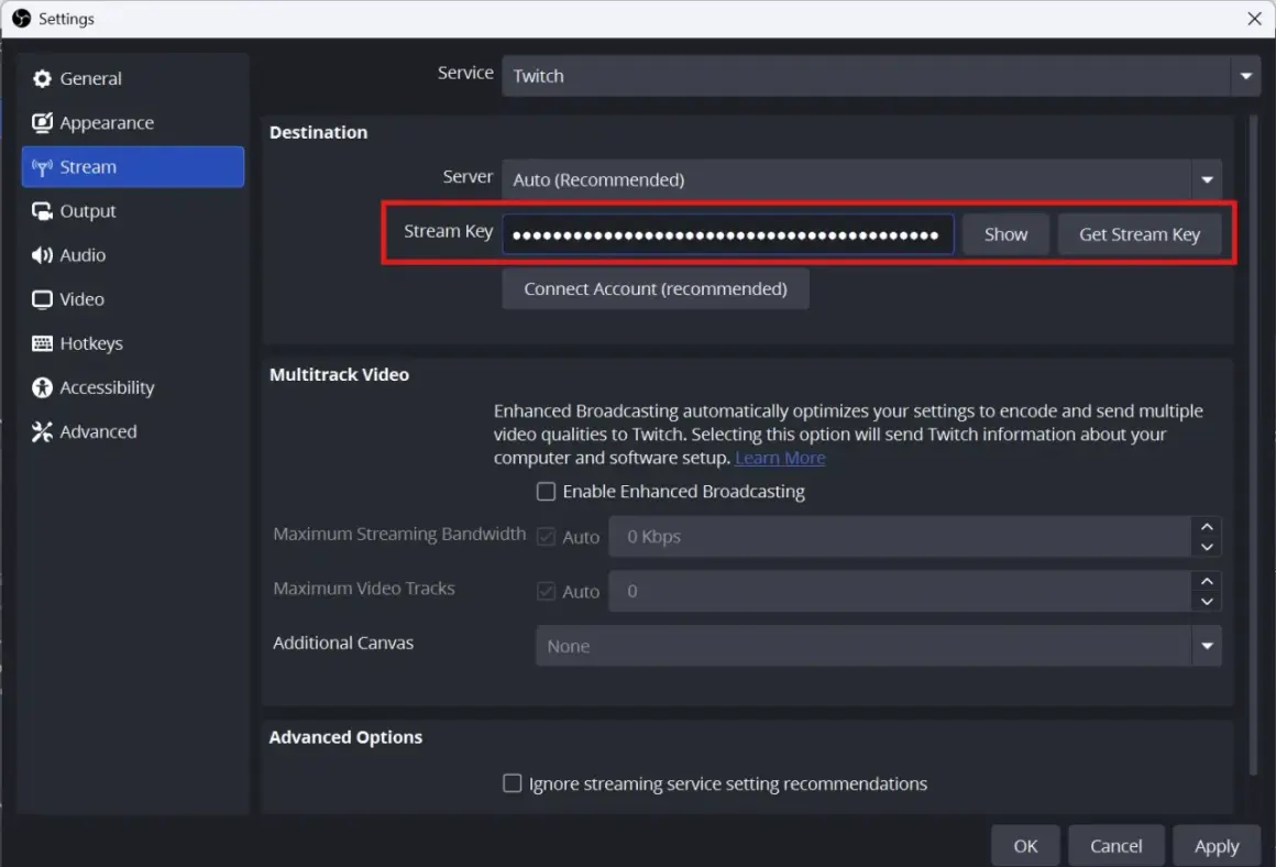 Twitch settings screen showing a hidden stream key input field, ready for your twitch rtmp url.