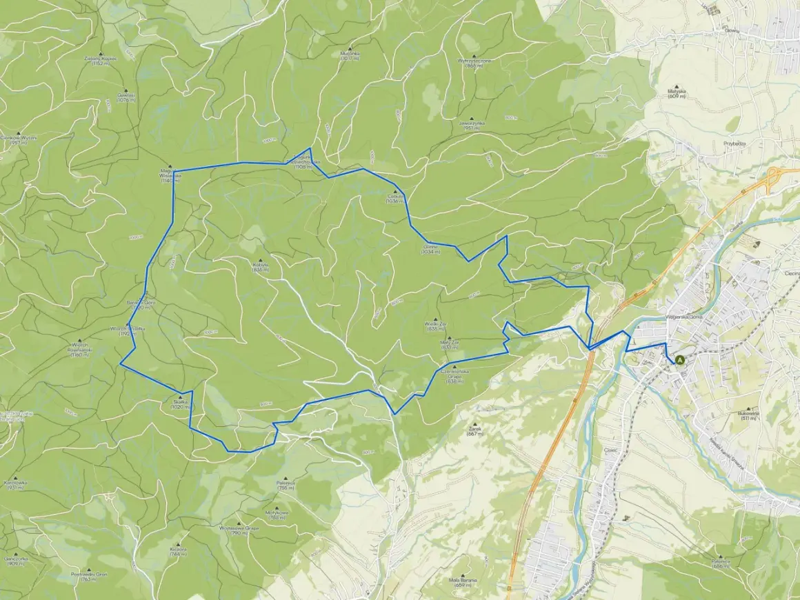 Mapa szlaku turystycznego w Beskidach, w tym węgierska górka trasa, z zaznaczonymi szczytami i poziomnicami.