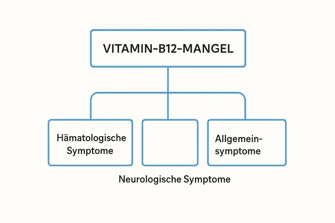 Übersicht über Symptome bei Vitamin-B12-Mangel: Hämatologische, neurologische und allgemeine Symptome.