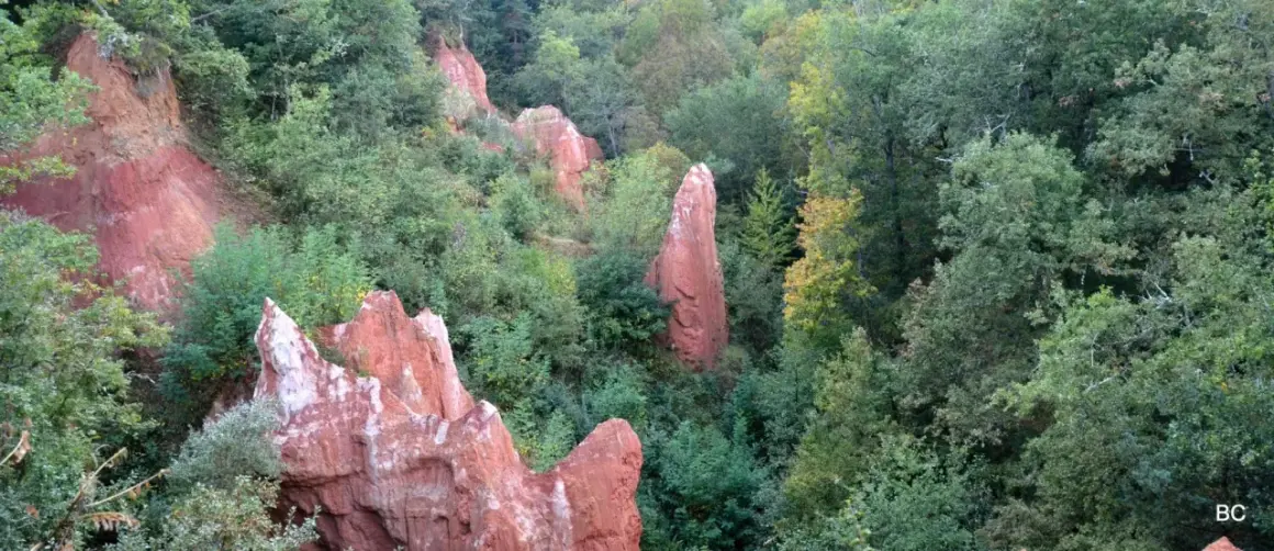 Rochers ocreux et végétation luxuriante dans la vallée des saints boudes. Un paysage minéral et végétal contrasté.