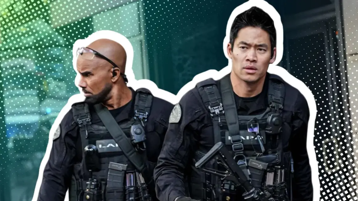 Zwei SWAT-Beamte, bereit für den Einsatz in Staffel 8. Sie tragen schwarze Uniformen und Westen.