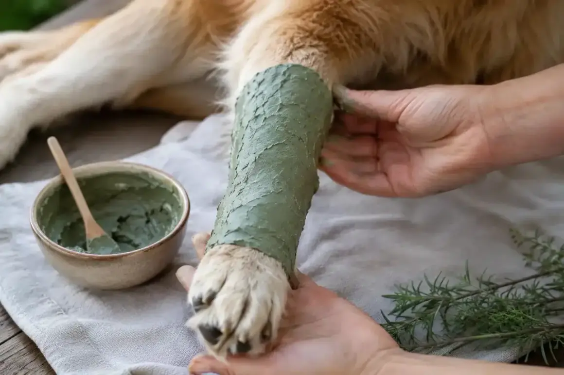 Un chien reçoit un soin apaisant avec de l'argile verte appliquée sur sa patte. Un bol d'argile et une cuillère en bois sont à proximité.