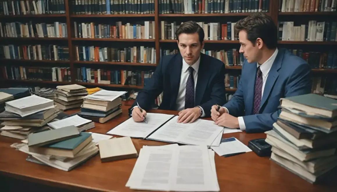Dwóch prawników w garniturach analizuje dokumenty w bibliotece. Zastanawiasz się, ile kosztuje wynajęcie adwokata w sprawie cywilnej?