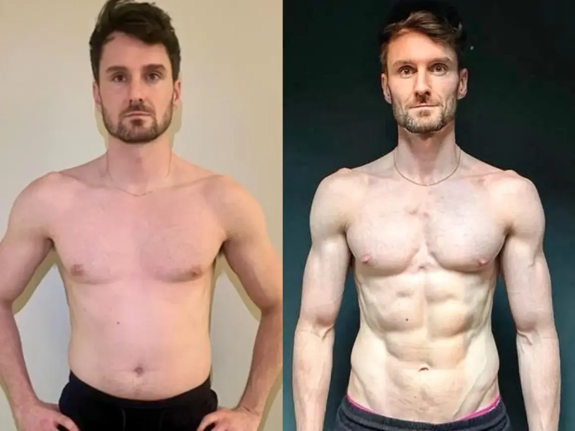 Ein normal trainierter Mann zeigt beeindruckende Fortschritte. Links vor dem Training, rechts nach dem Training mit sichtbaren Muskeln.