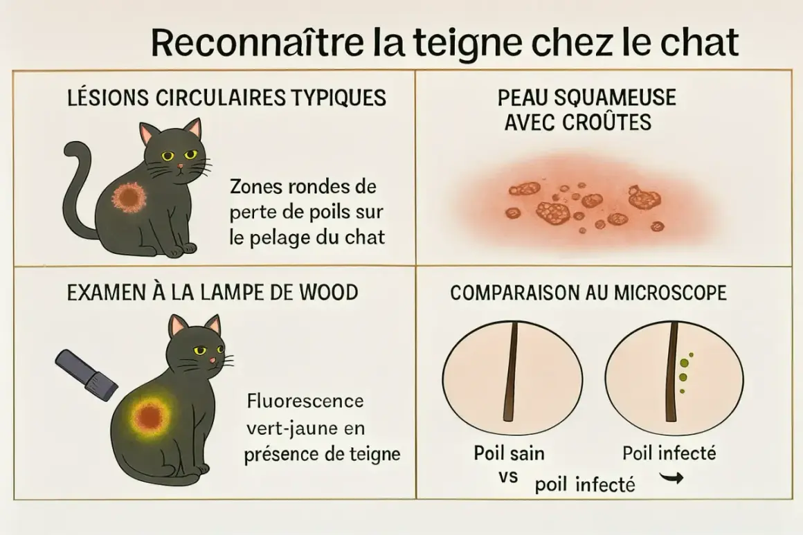 Illustration montrant les symptômes de la gale du chat : lésions circulaires, peau squameuse, fluorescence sous lampe de Wood et poils infectés au microscope.