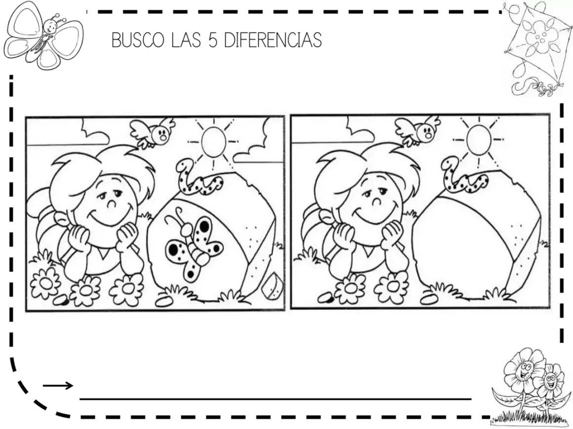 Juego de **fichas primavera** para encontrar 5 diferencias entre dos dibujos de un niño, un pájaro, una serpiente y una mariposa.