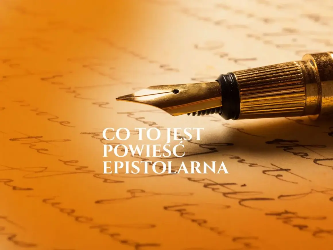 Złote pióro na tle ręcznie pisanego tekstu. Obrazek pyta: "Co to jest powieść epistolarna?".