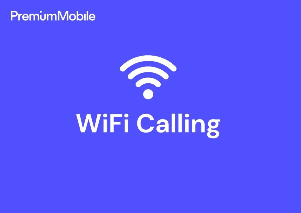 Logo PremiumMobile i ikona Wi-Fi. Dowiedz się, jak włączyć Wi-Fi Calling, aby dzwonić przez sieć bezprzewodową.