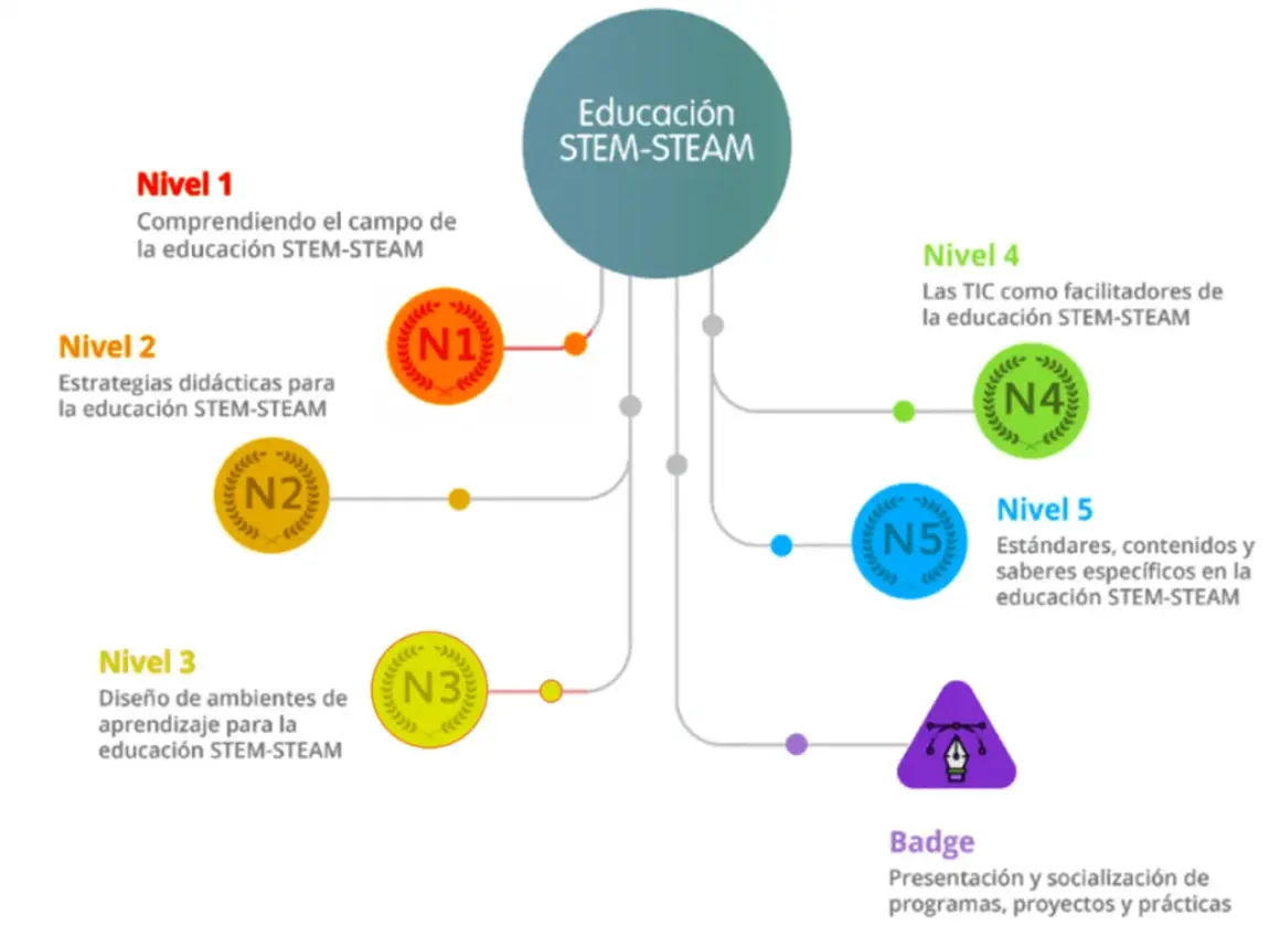 Diagrama de niveles de educación STEM-STEAM, desde la comprensión del campo hasta estándares y socialización de proyectos.