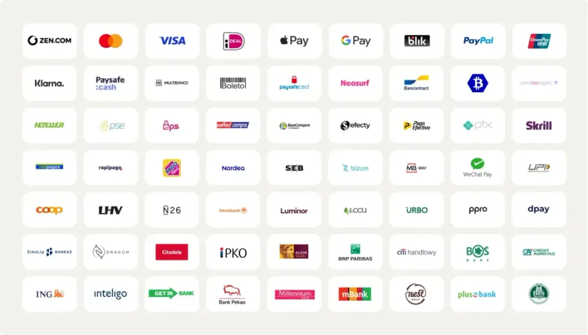 Wiele metod płatności: ZEN.COM, Visa, Mastercard, Apple Pay, Google Pay, Blik, PayPal, UnionPay, Klarna, Paysafe, Multibanco, Boleto, Paysafecard, Neosurf, Bancontact, ZondaCrypto, Neteller, PSE, EPS, Red Compra, BoaCompra, Efecy, Pago Efectivo, Pix, S...