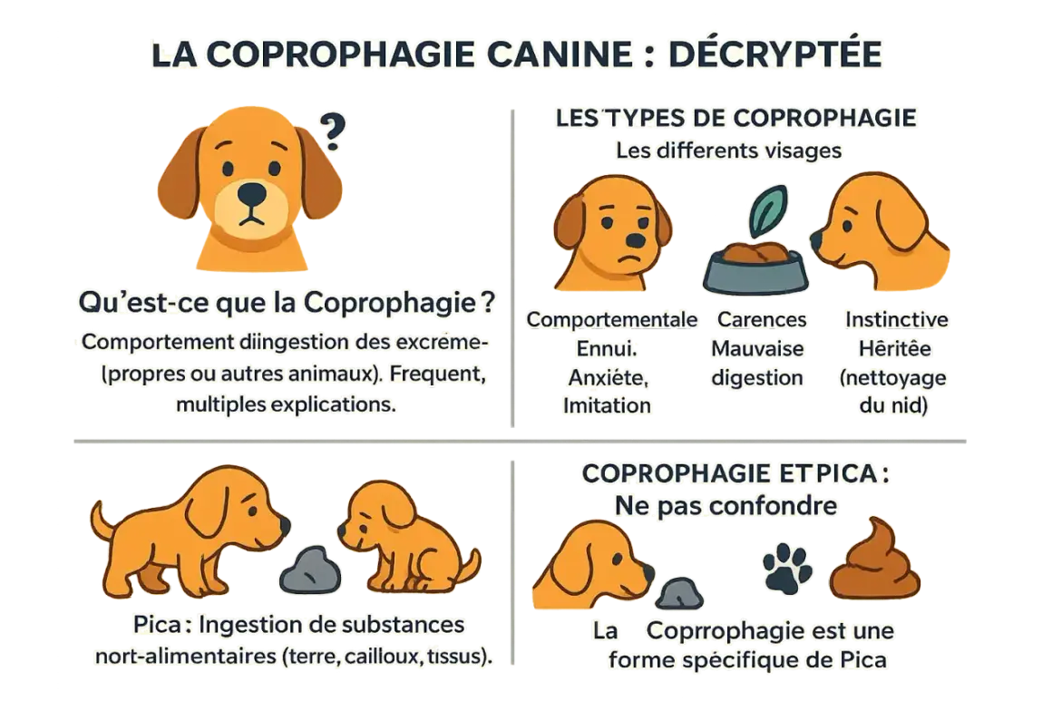 Illustration expliquant la coprophagie canine. Un chien mange ses crottes, un comportement aux multiples causes.