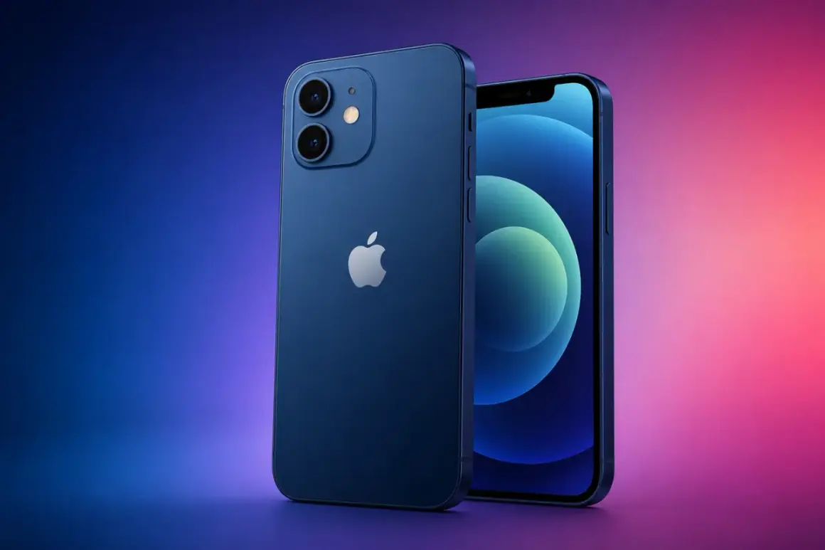 Dwa niebieskie iPhone'y 12 na tle gradientu od niebieskiego do różowego. Premiera iPhone 12.