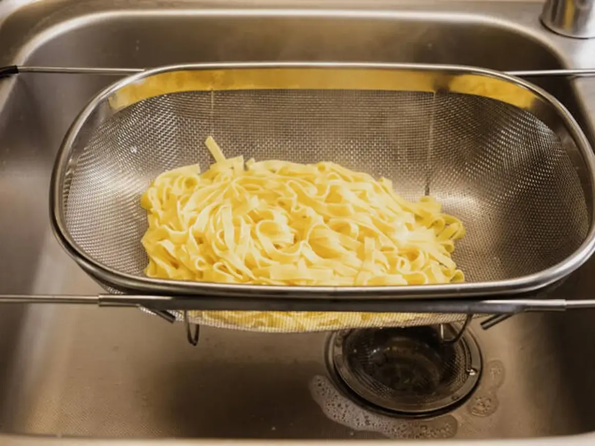 Espaguetis recién escurridos en un colador, listos para ser parte de deliciosas recetas de espaguetis.