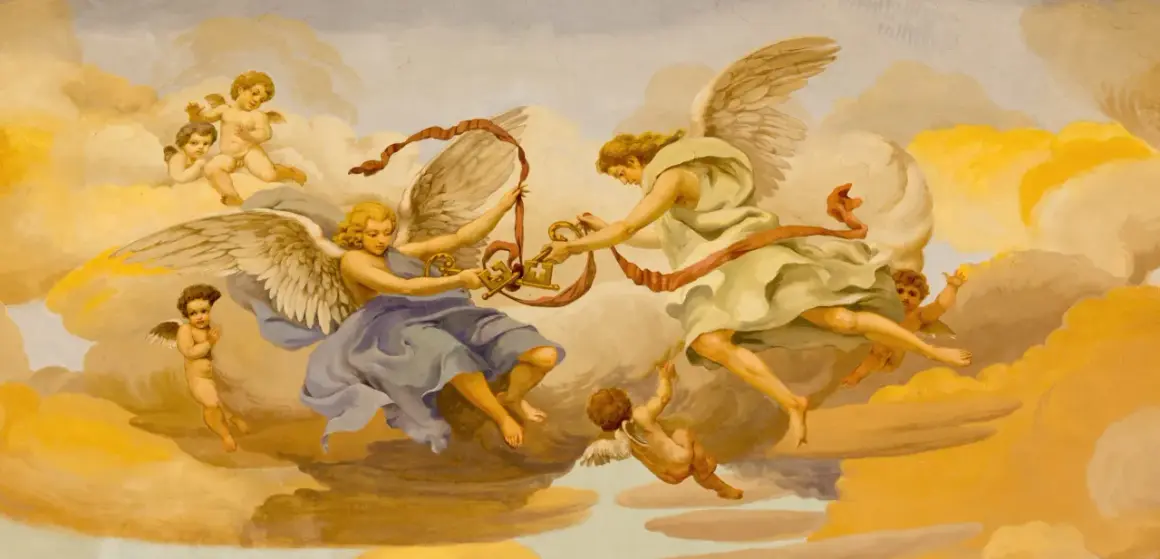 Engel mit Flügeln und goldenen Schlüsseln, umgeben von Wolken. So sehen Engel aus, wie sie in dieser Malerei dargestellt sind.