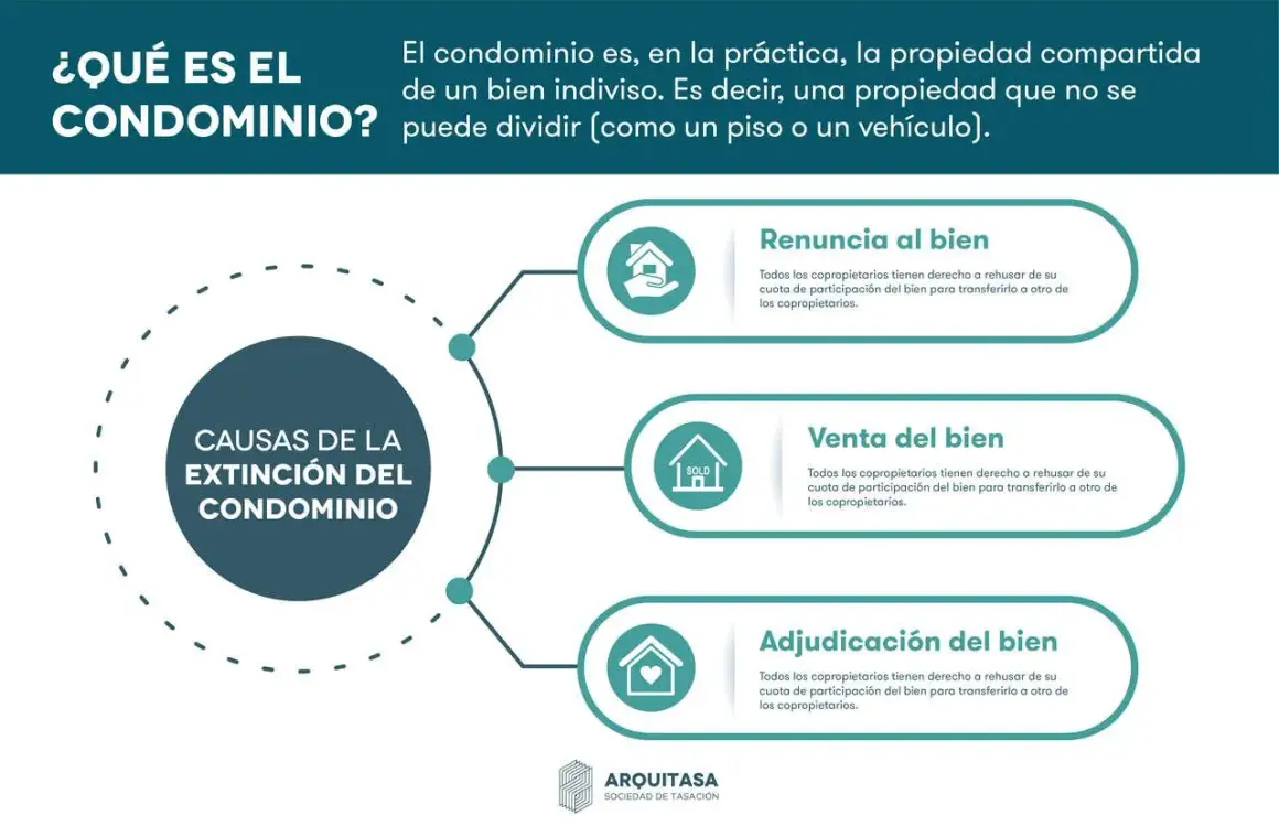Causas de la extinción del condominio: renuncia, venta o adjudicación del bien.