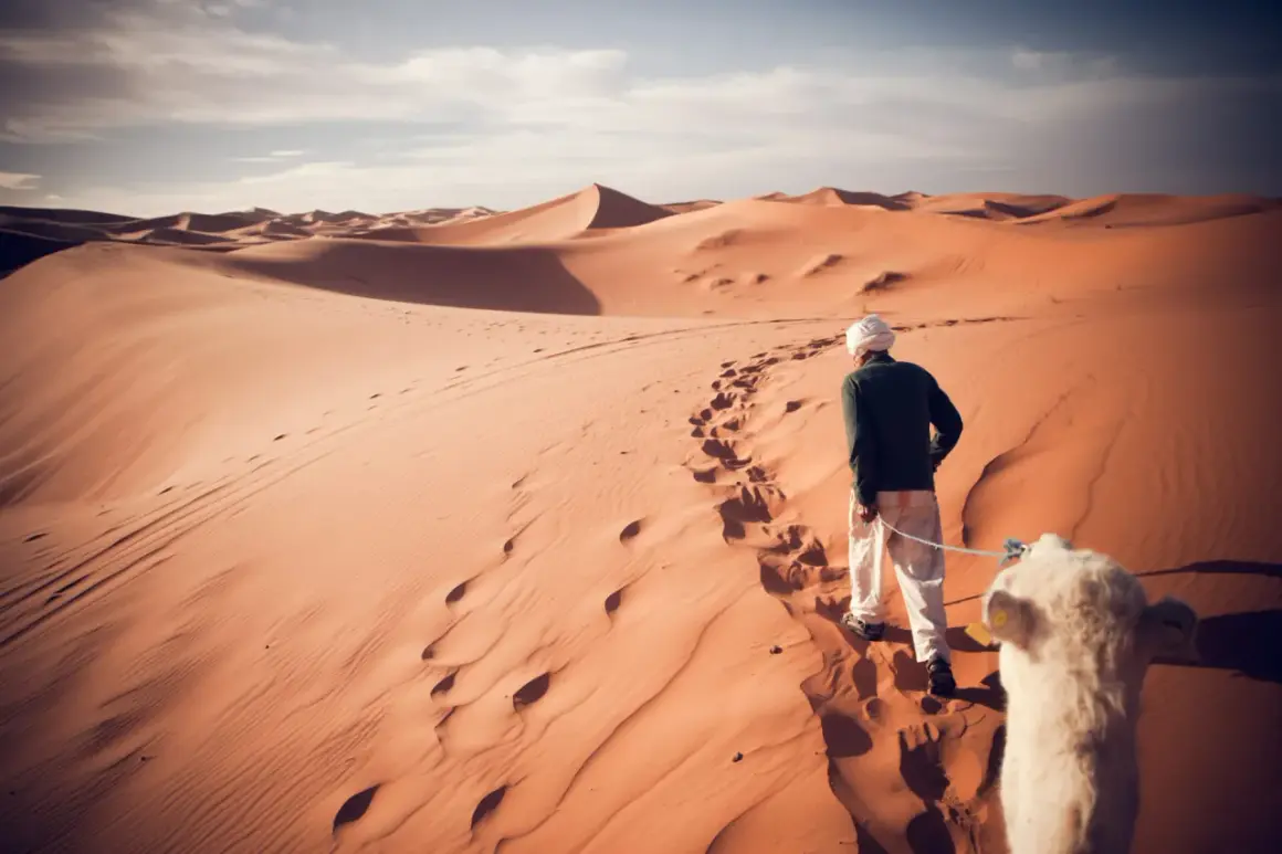 Un homme en tenue traditionnelle mène un chameau sur les dunes du désert marocain. Un trek inoubliable.