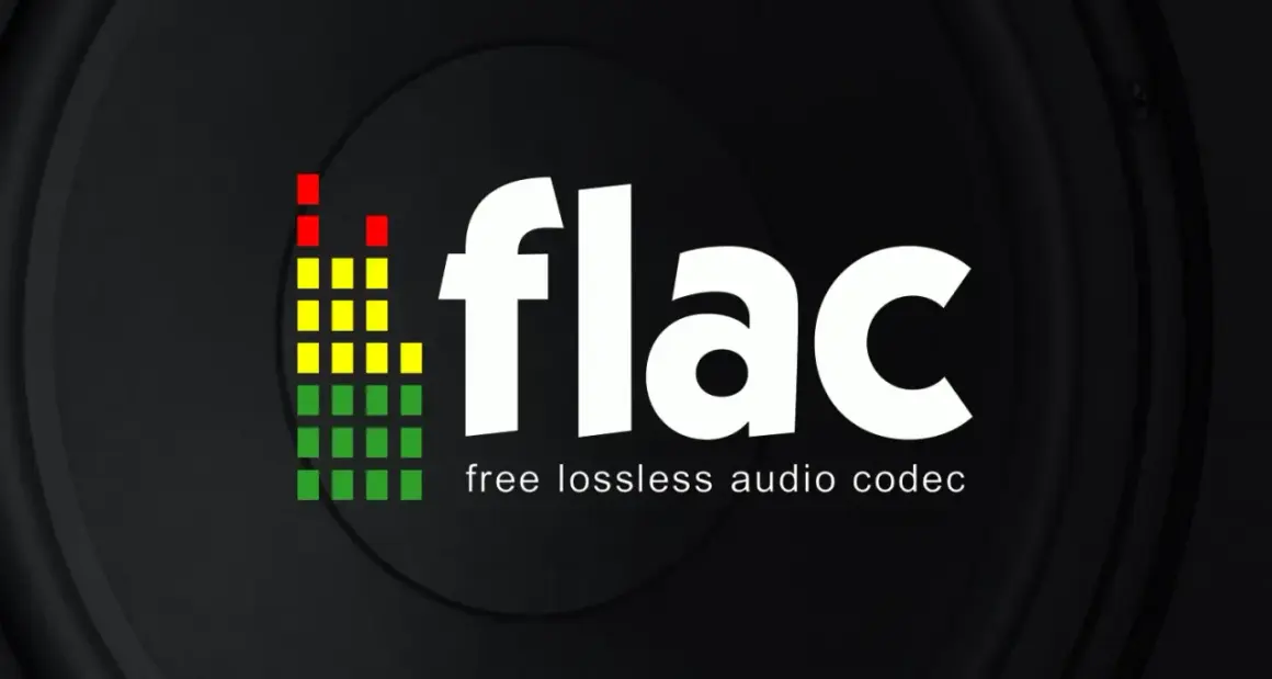 FLAC vs MP3: logo FLAC z wizualizacją dźwięku na tle głośnika. Wybierz jakość bez strat.
