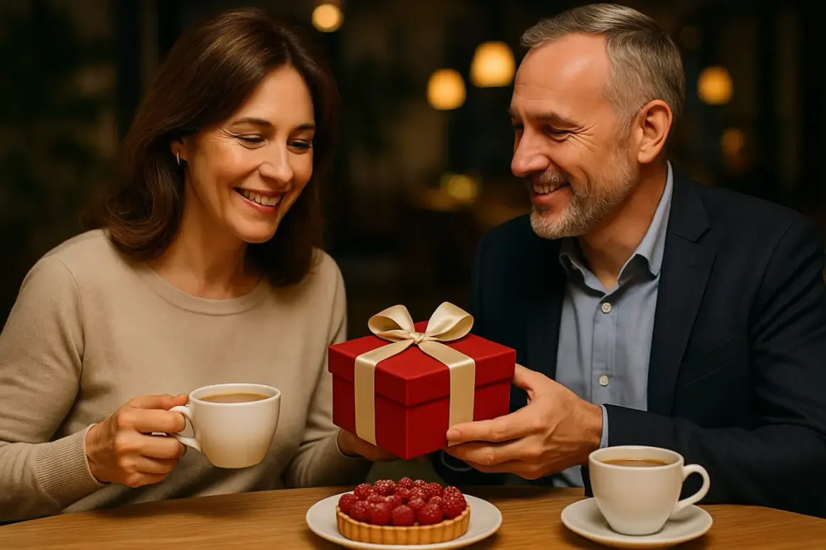 Mąż wręcza żonie prezent na 40 urodziny. Czerwone pudełko z kokardą, kawa i deser z malinami.