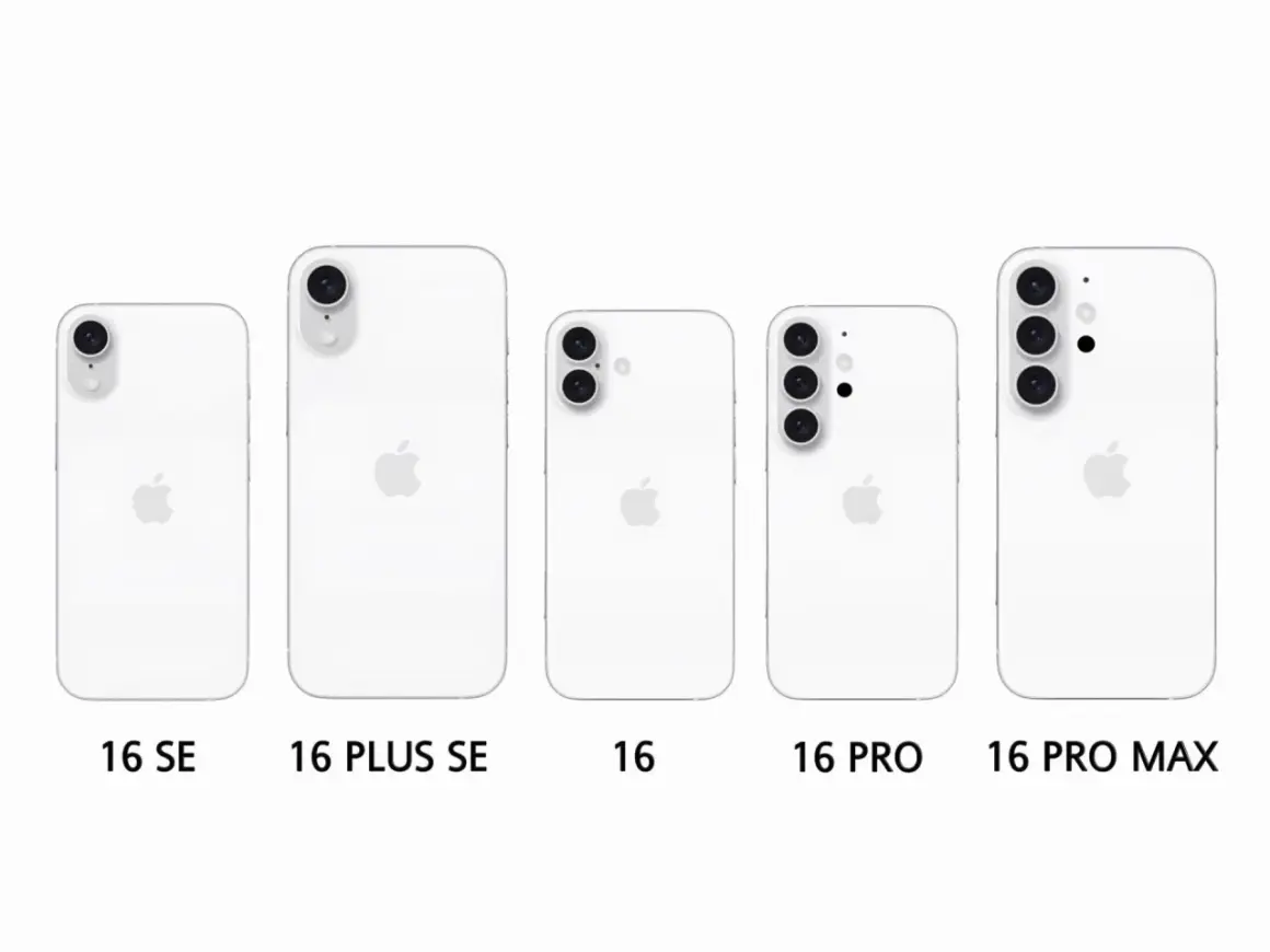 Porównanie modeli iPhone 16: SE, Plus SE, 16, Pro i Pro Max. Różnice w wymiarach i układzie aparatów.