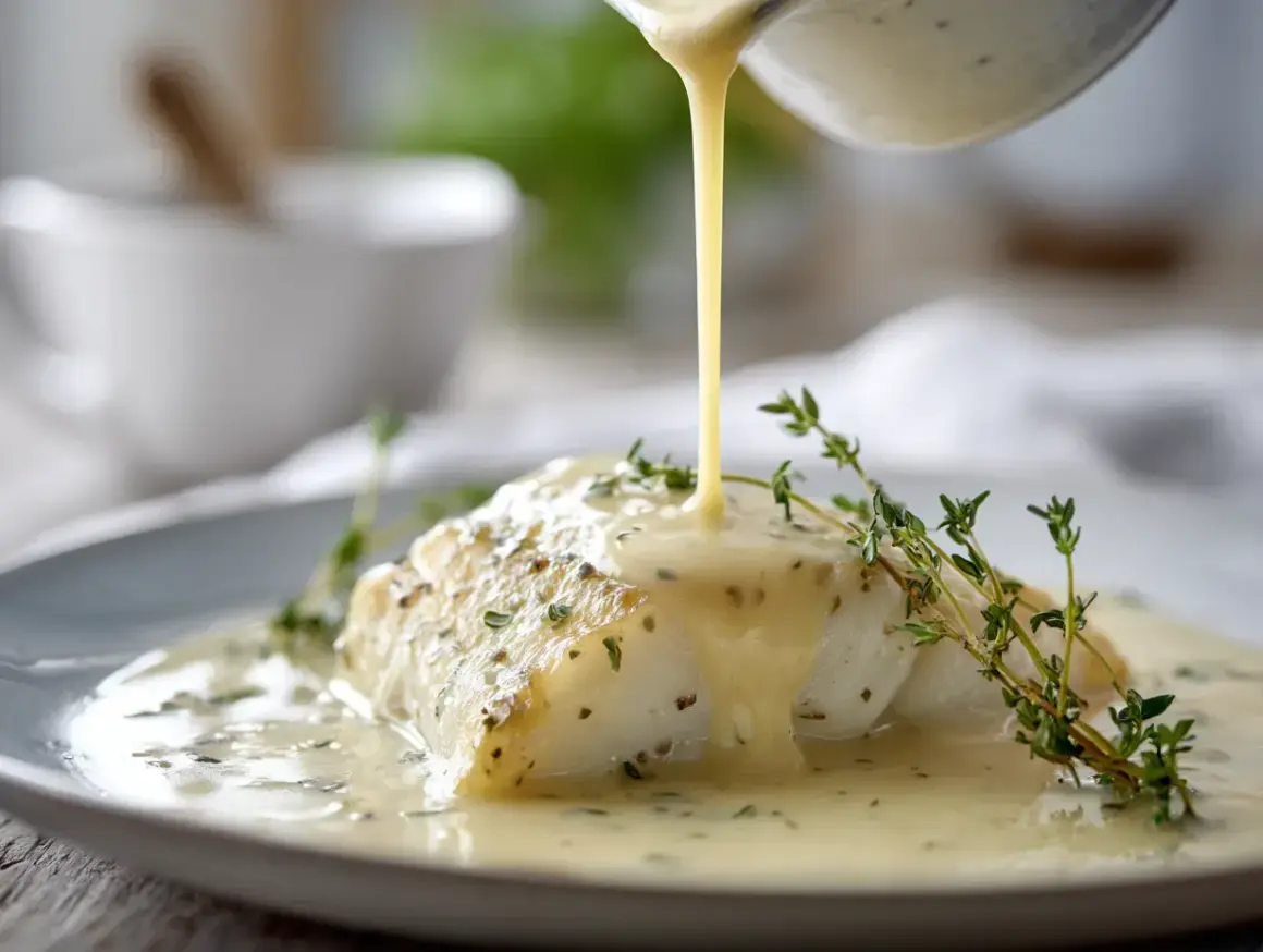 En bit vit fisk serveras med en krämig vitvinssås till fisk, garnerad med färsk timjan.
