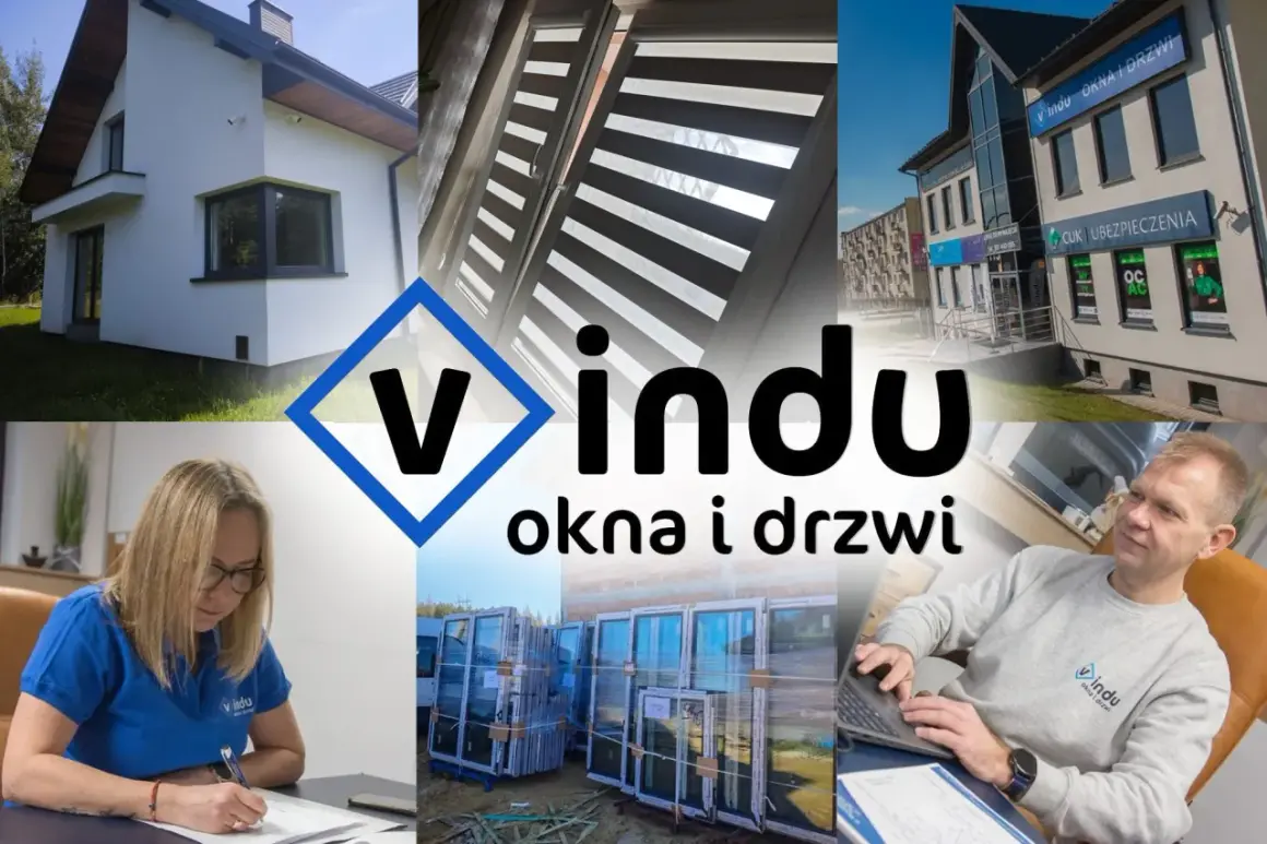 Kolaż zdjęć: dom z oknami, rolety, budynek firmy, pracownicy, okna i drzwi.