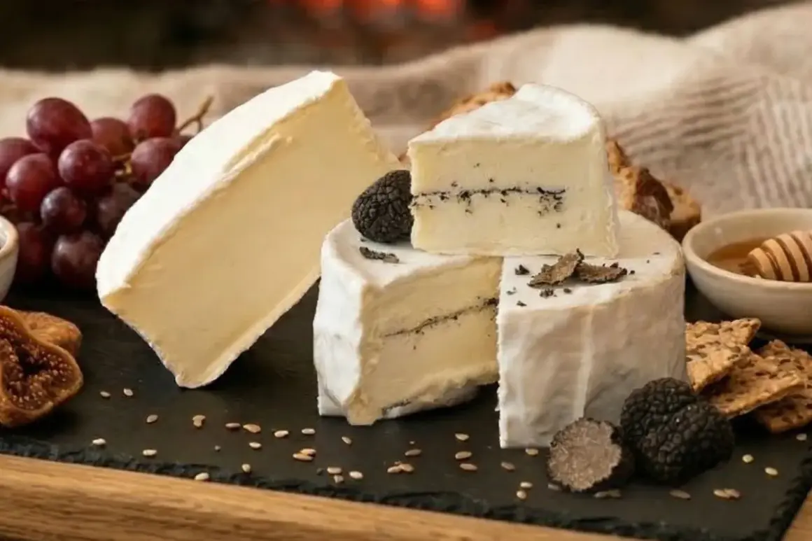 Un délice de brie à savarin, parsemé de truffes noires, accompagné de raisins, figues et miel.