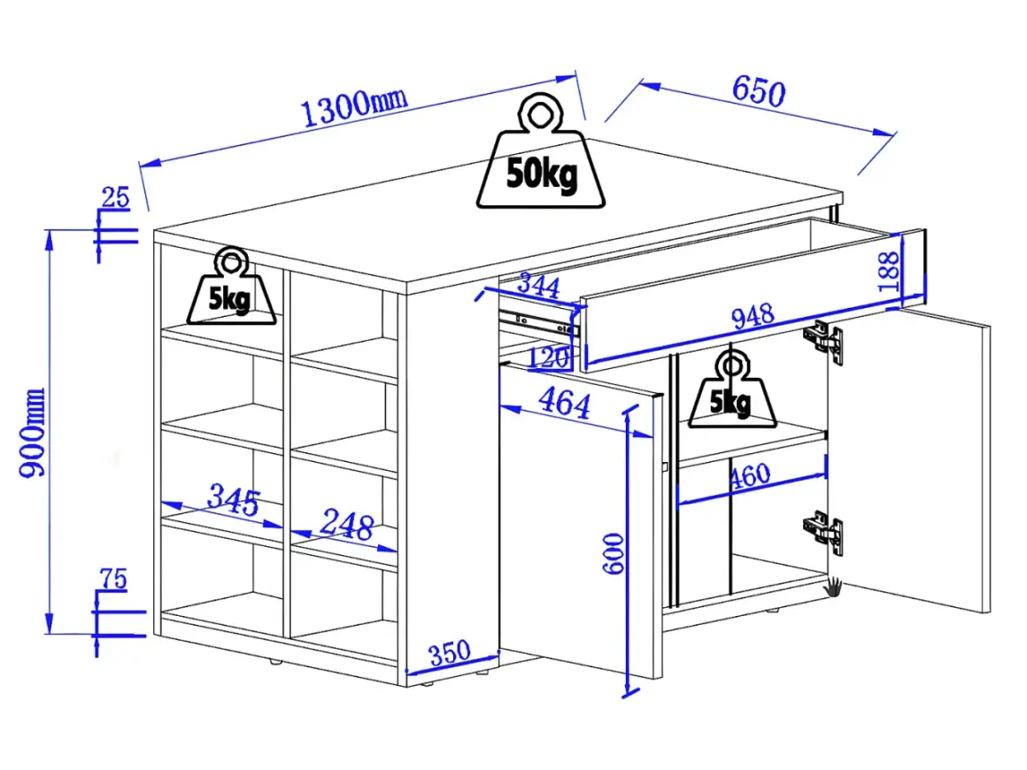 Schéma technique d'un îlot central de cuisine. Dimensions : 1300x650x900mm. Charge max 50kg.