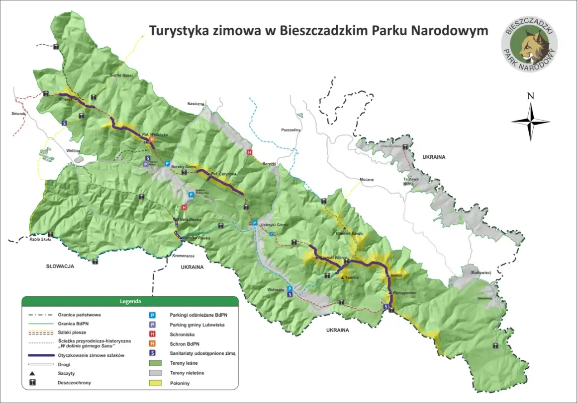Mapa turystyczna Bieszczadzkiego Parku Narodowego, pokazująca szlaki zimowe, schroniska i parkingi. Bieszczady gdzie leżą, widać na mapie z granicami Polski, Słowacji i Ukrainy.