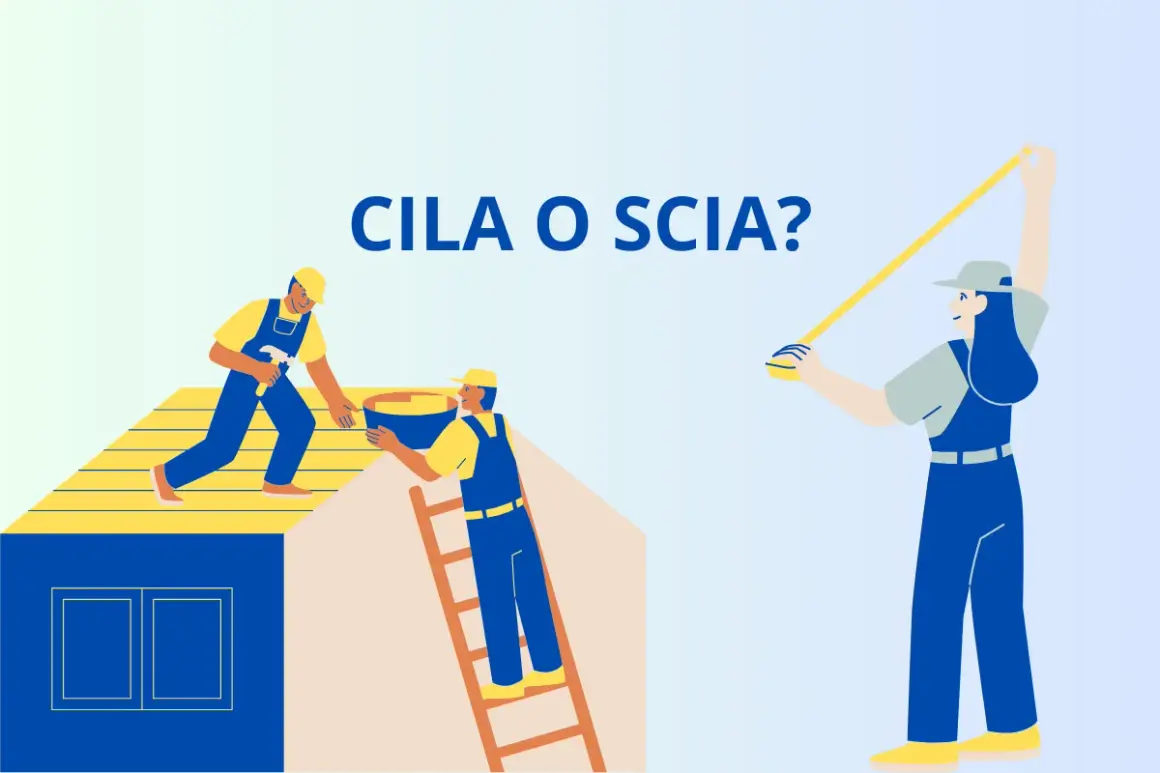 Lavoratori edili sul tetto, uno con martello, l'altro con secchio. Una donna misura con un metro. La domanda è: CILA o SCIA?