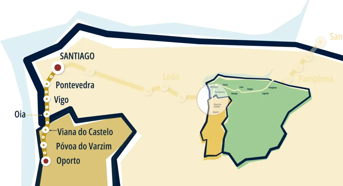 Mapa ilustra el camino de Santiago Portugal, con ciudades como Oporto, Viana do Castelo, Vigo, Pontevedra y Santiago.