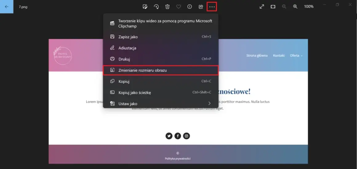 Menu kontekstowe z opcją "Zmienianie rozmiaru obrazu", przydatne, gdy chcesz dostosować wymiary pliku.