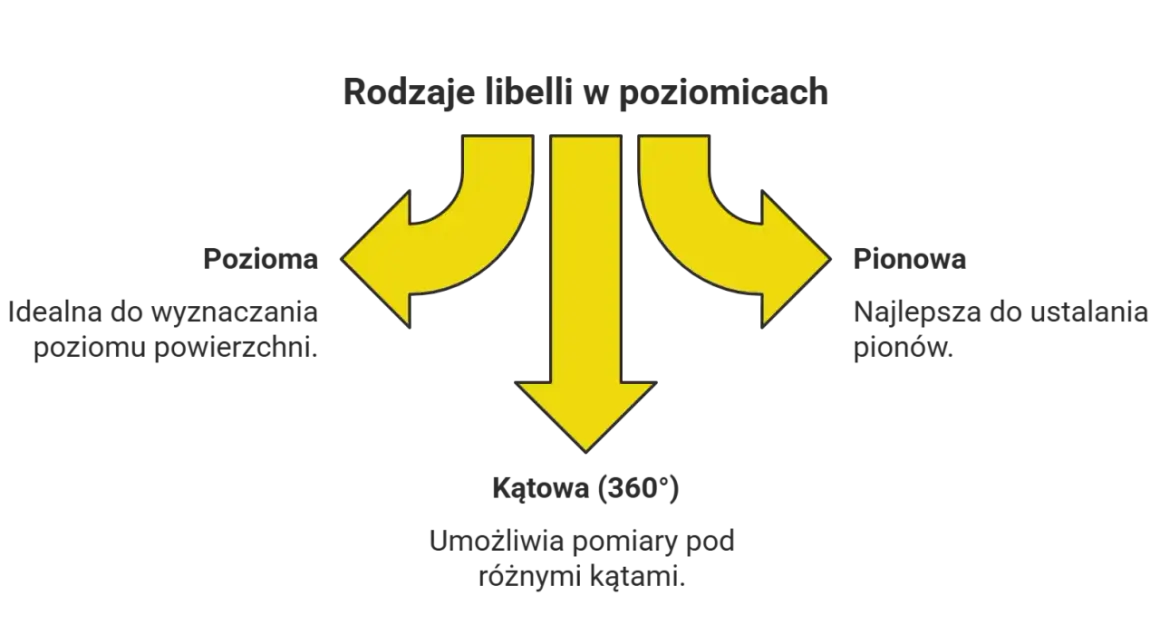 Rodzaje libelli w poziomicach: pozioma, pionowa i kątowa. Poziomica pomaga w pracach budowlanych.