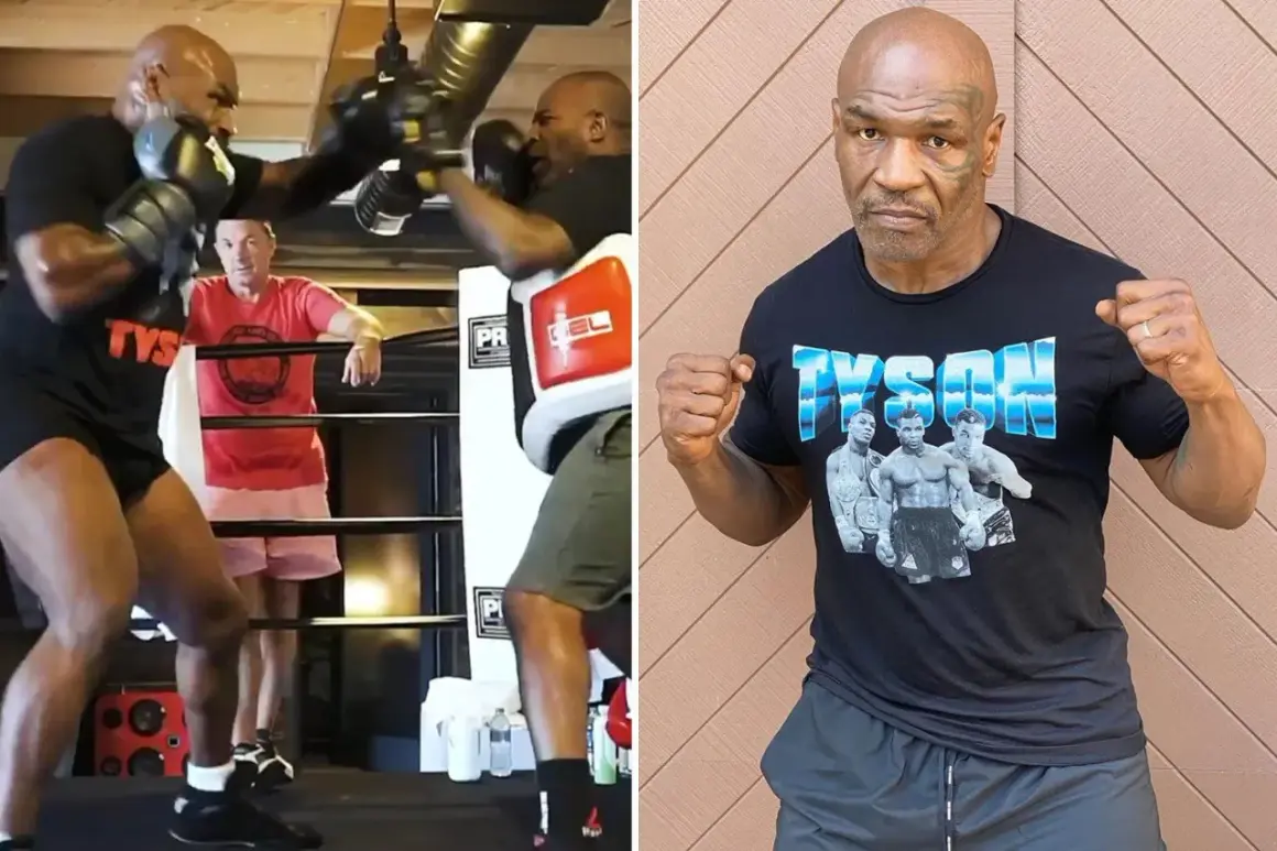 Mike Tyson training in a boxing ring, showcasing his legendary mike tyson punch strength. The right side shows him posing in a Tyson t-shirt.