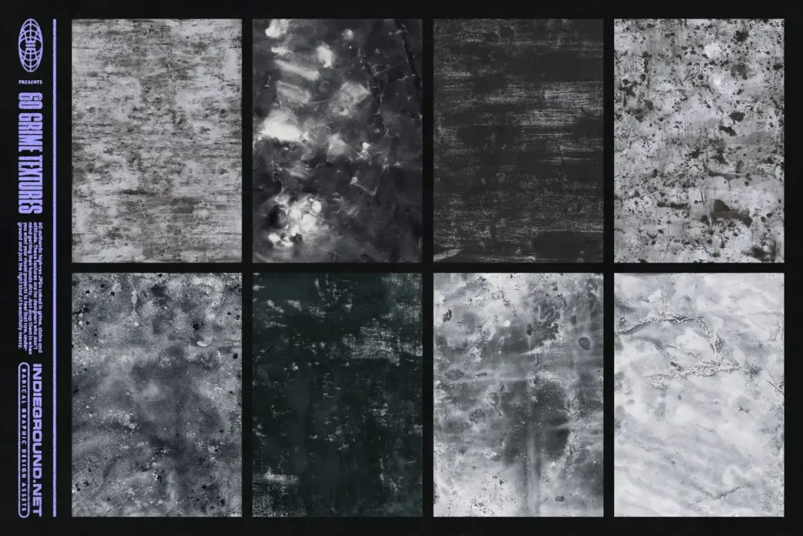 Eight grunge art style textures, featuring distressed, stained, and gritty surfaces in shades of black and white.