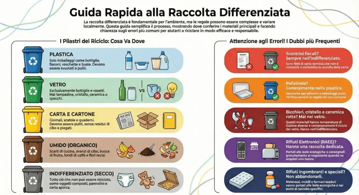 Guida rapida alla raccolta differenziata: plastica, vetro, carta, organico e indifferenziato. Impara dove gettare ogni rifiuto per una corretta ricerca.