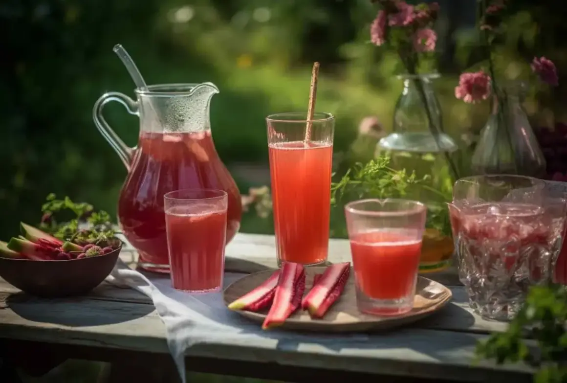 En härlig sommardukning med rabarbersaft i en karaff och glas. Färska rabarberbitar och bär ligger i en skål.
