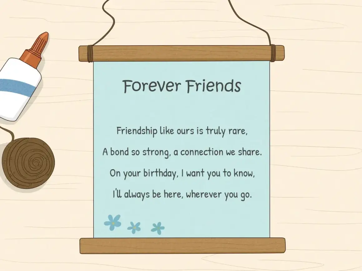 Wierszyk o przyjaźni "Forever Friends" z uroczymi kwiatuszkami. Idealny na prezent, bo przyjaźń to mega śmieszne wierszyki!