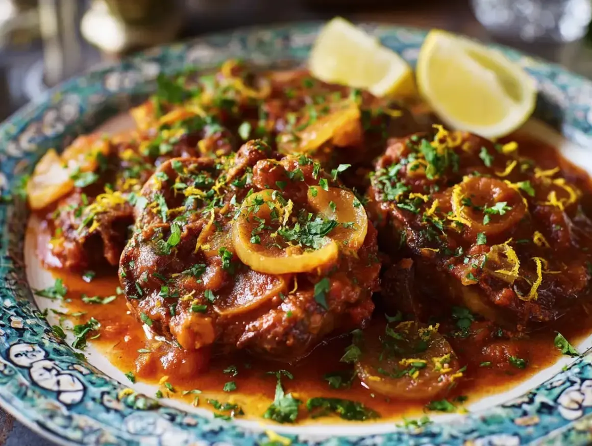 En tallrik med mustig osso buco, garnerad med citron och persilja.