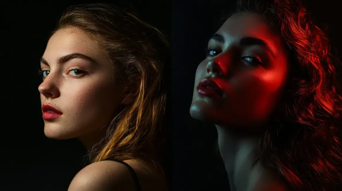 Split image shows a woman's face lit with soft natural light on the left, and dramatic red light on the right, demonstrating how to light a photo shoot for different moods.